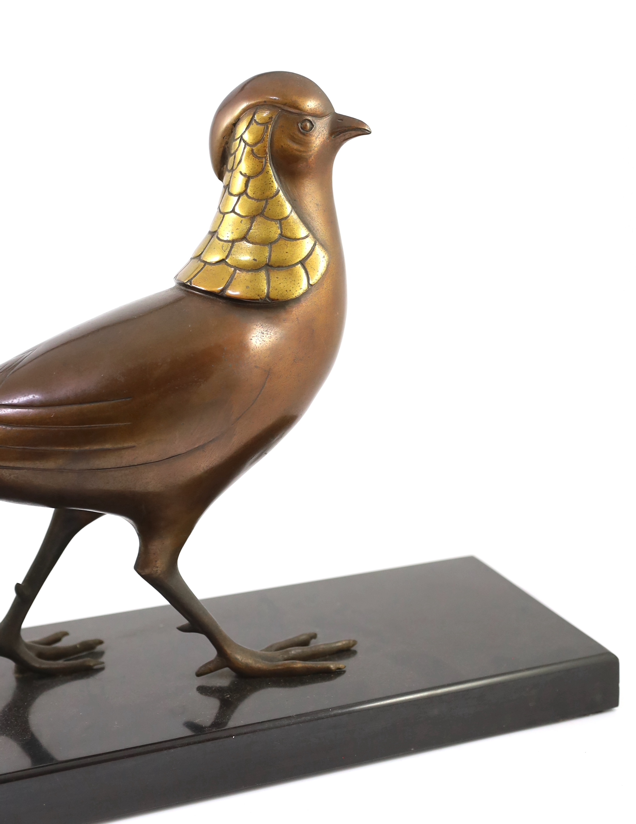 Lorino. An Art Deco bronze model of a golden pheasant, 77cm long, 17cm deep, 33cm high